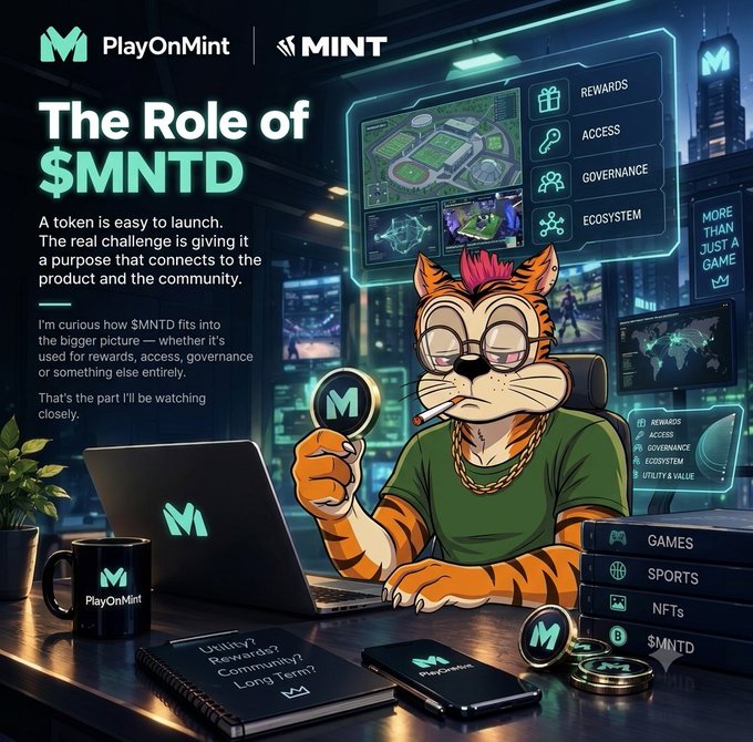 A promotional graphic titled 'The Role of $MNTD' for PlayOnMint featuring an illustrated tiger mascot at a laptop, discussing token utility, rewards, community, and long-term value, with categories like Games, Sports, and NFTs.