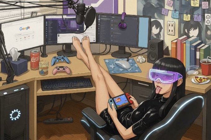An anime-style illustration depicts a girl with long black hair, purple glowing glasses, and a black outfit lounging in a gaming chair while playing a Nintendo Switch, with her feet propped up on a desk featuring dual monitors, game controllers, and a Coca-Cola can.
