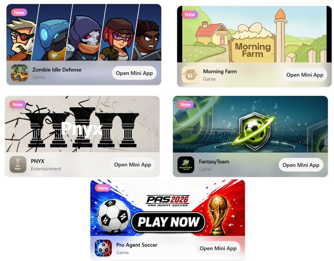 A grid of mini app cards including Zombie Idle Defense, Morning Farm, PNYX (Entertainment), FantasyTeam, and Pro Agent Soccer (PAS 2026), each with an 'Open Mini App' button.