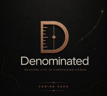A sleek, dark promotional graphic featuring a stylized "D" logo with measurement markings, displaying the text "Denominated — Measure Life in Purchasing Power" and "Coming Soon," tying into the post's announcement of an upcoming business launch. The minimalist, premium design reflects the speaker's entrepreneurial milestone alongside his upcoming wedding.