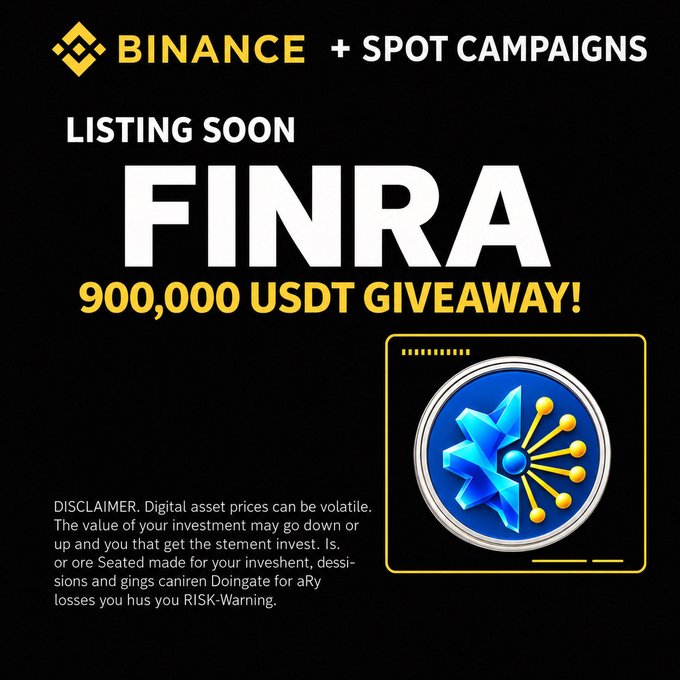 A promotional graphic for a Binance Spot Campaign advertising a "FINRA 900,000 USDT GIVEAWAY," featuring the Binance logo at the top and a stylized blue token emblem on the right, accompanied by a disclaimer about digital asset volatility. The image supports the accompanying post's announcement of a $FINRA giveaway with 5,000 winners, with entries ending October 2 via SOL wallet submissions.