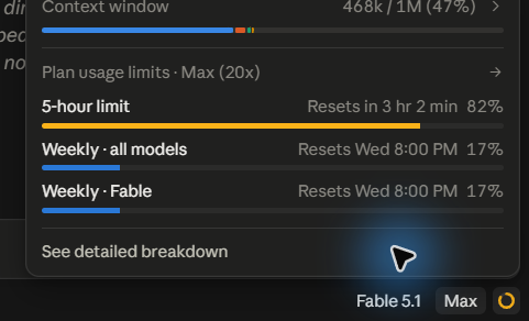 A usage statistics panel showing a Context window at 468k/1M (47%), Plan usage limits with a 5-hour limit at 82%, Weekly all models at 17%, and Weekly Fable at 17%, with the model set to 'Fable 5.1'.