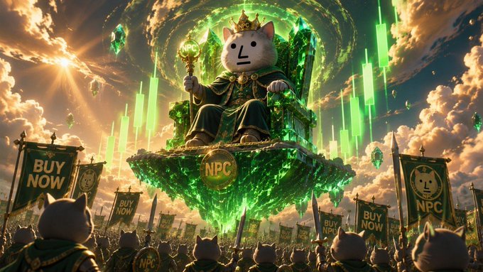 A crowned cat figure sits enthroned atop a glowing green crystal throne marked "NPC," surrounded by banners reading "BUY NOW" as a vast army of cat followers gathers below. The image visually reinforces the $NPC token's bullish, cult-like momentum depicted in the post about holding bags until reaching millions.