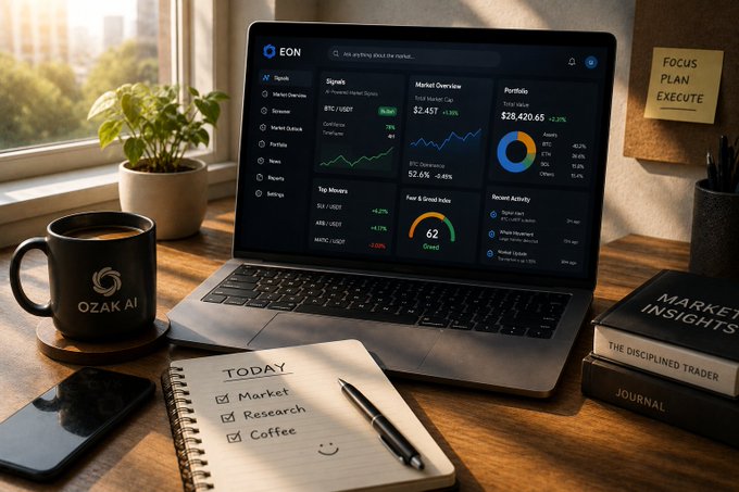 A laptop displays the EON platform's dashboard with sections for signals, market overview, portfolio ($28,420.65, +1.3%), and recent activity, sitting on a desk alongside an "OZAK AI" coffee mug, a planner listing "Today: Market, Research, Coffee," and books titled "Market Insights" and "The Disciplined Trader," with a "Focus Plan Execute" sticky note completing the research-focused workspace that reflects the streamlined, all-in-one approach to market analysis described.