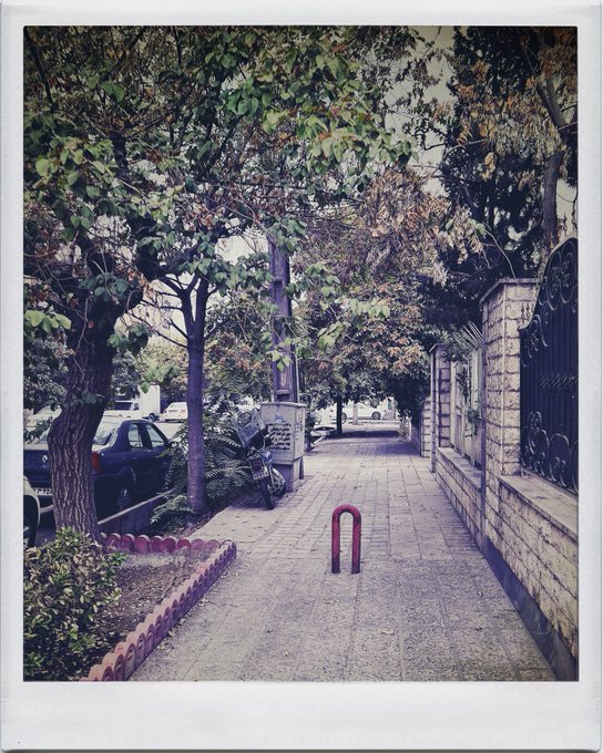 A Polaroid-style photograph of a tree-lined brick sidewalk next to a brick wall and parked cars, with a small red and white U-shaped barrier in the middle of the path.
