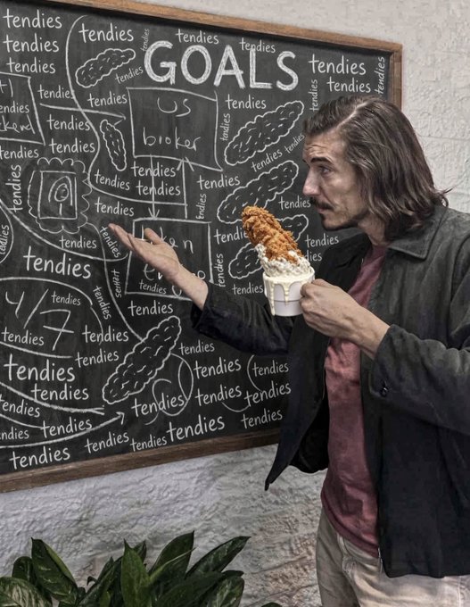 A man with long hair holds a cone of fried food while gesturing toward a chalkboard filled with diagrams and the word 'tendies' written repeatedly around 'GOALS.'
