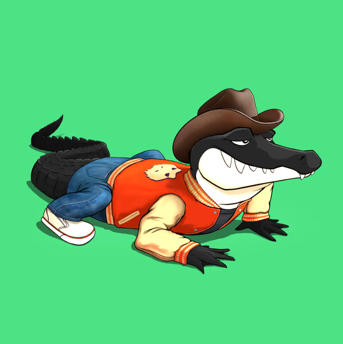 A cartoon alligator character wearing a cowboy hat, red vest, and blue jeans lies on a green background.