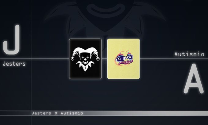 The image shows a black background with two pieces of text, one being "Jerser's X Autismio" and the other being "A". The text appears to be in white against a dark background. There are also two small images placed below the text - a jester on the left side and an autistic child on the right side.