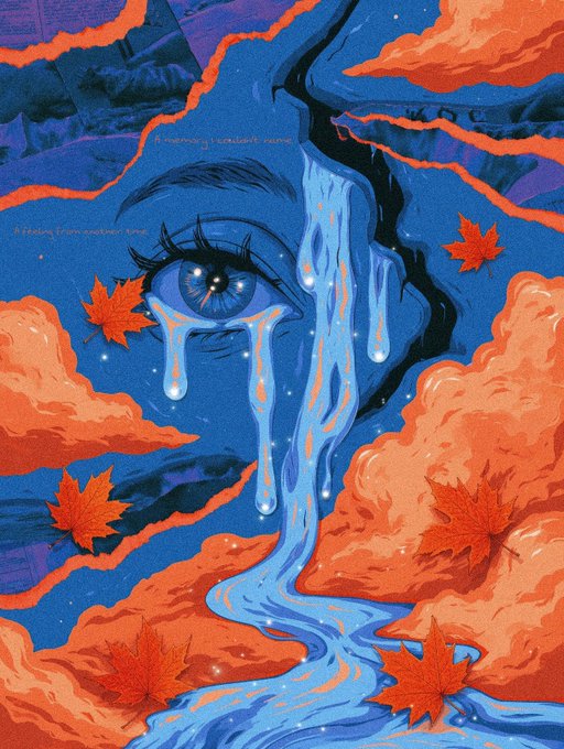 A surreal, digital illustration featuring a large blue eye crying a waterfall into a stream, surrounded by orange clouds and autumn maple leaves.