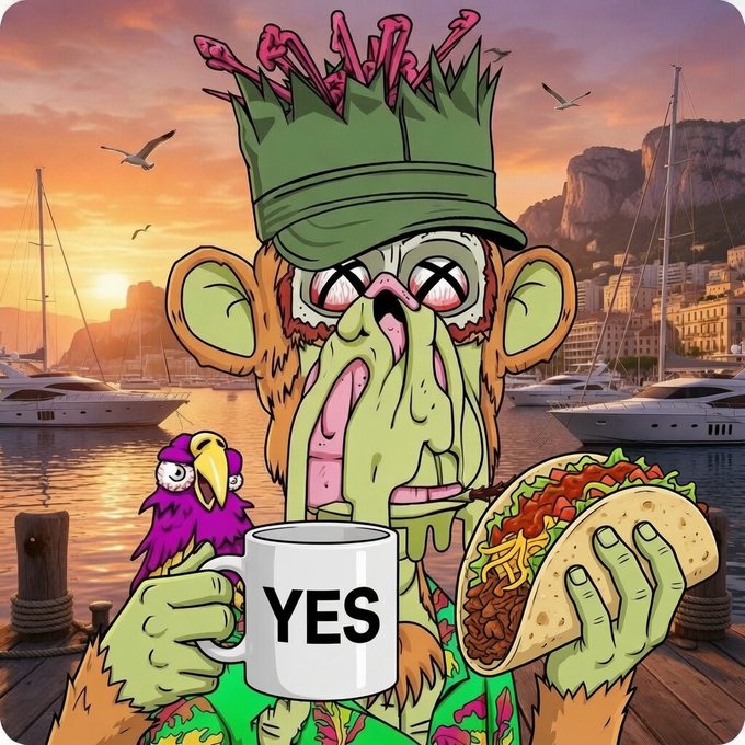 A grotesque, melting zombie-monkey character wearing a green crown holds a taco in one hand and a mug reading 'YES' in the other, accompanied by a purple bird against a scenic sunset harbor.
