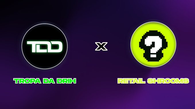 A purple graphic showing a collaboration between 'TROPA DA BRIX' (TDD logo) and 'RETAIL SHROOMS' (question mark logo) with an X between them.