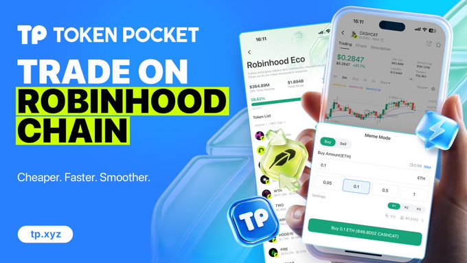 Promotional graphic for 'Token Pocket' advertising 'TRADE ON ROBINHOOD CHAIN' with the tagline 'Cheaper. Faster. Smoother.' and website tp.xyz.