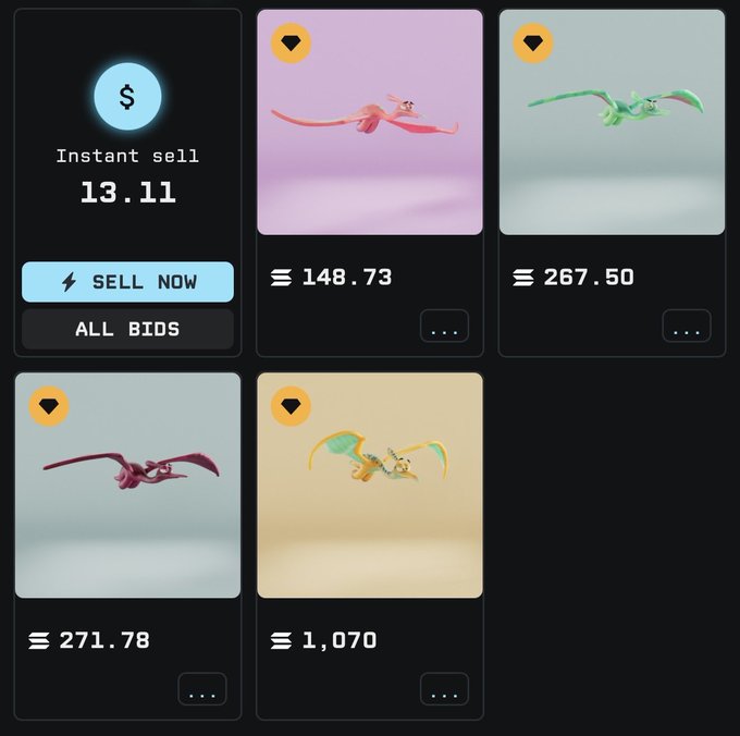A dark-themed digital marketplace interface showing 'Instant sell 13.11' and four colorful 3D dragon figurines with prices listed: '148.73', '267.50', '271.78', and '1,070'.