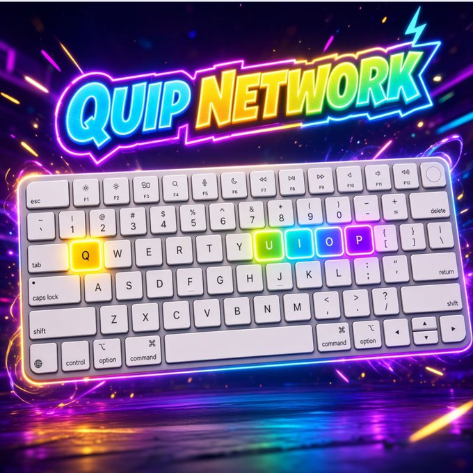 A vibrant promotional graphic for 'QUIP NETWORK' featuring a colorful illuminated keyboard where the Q, U, I, and P keys are highlighted in yellow, green, cyan, and purple respectively.