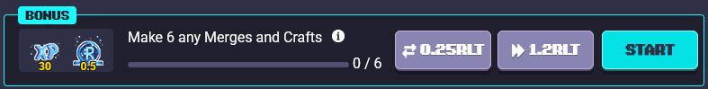 A user interface element displays a 'BONUS' task instructing to 'Make 6 any Merges and Crafts,' showing a progress bar of 0/6 with RLT token reward options.