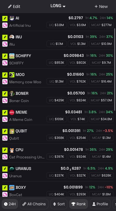 A screenshot of the DEX Screener app showing the "LONG" chain meme coins, with tickers like AI ($0.2797, LIQ $3.8M), INU ($0.01103, LIQ $1.1M), SCHIFFY ($0.009843, LIQ $853K), and MOO ($0.01660, LIQ $1.3M) displaying relatively high liquidity figures that contrast with STONK's lower liquidity, supporting the post's claim about the liquidity gap between the two chains.