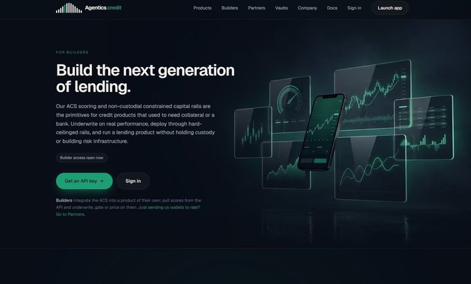 A webpage for Agentics Credit with the headline 'Build the next generation of lending' and a 'Launch app' button, showing financial charts on a phone and screens.
