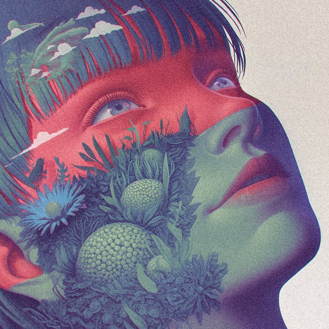 A surreal portrait illustration blending a face with underwater plants, flowers, and red sky imagery in vibrant colors.