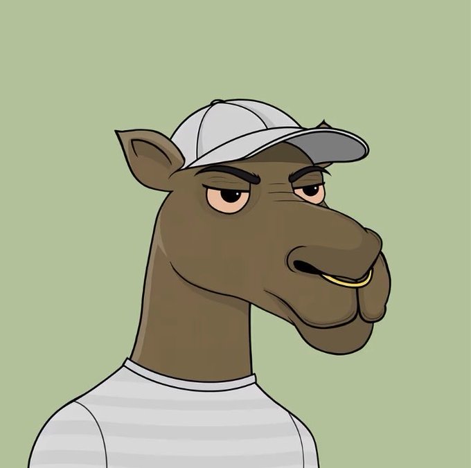 A cartoon illustration of a brown horse character with a skeptical expression, wearing a white baseball cap and a striped white and grey shirt against a light green background.