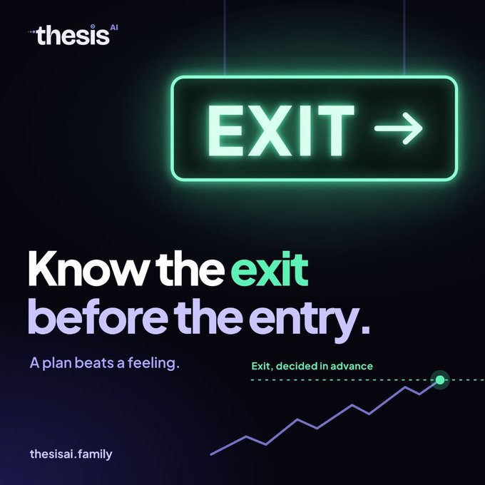 The image features a glowing green "EXIT →" sign above the tagline "Know the exit before the entry. A plan beats a feeling." with a chart graphic labeled "Exit, decided in advance," branded by Thesis AI (thesisai.family) to visually reinforce the post's message that disciplined, pre-planned exits—not emotion-driven decisions—are key to successful trading.