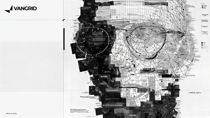 A detailed black and white digital map titled 'VANGRID' displaying 'SPATIAL DATA' with a city layout and data points.