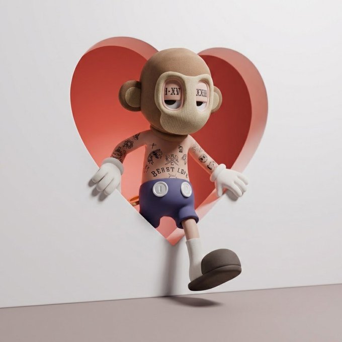 A 3D-rendered monkey character with tattoo sleeves, Roman numeral eyes ("I·XV" and "XXIII"), and a "BEST LIFE" shirt climbs out of a heart-shaped cutout, capturing the playful "love at first mint" theme tied to the AKCB (A Kid Called Beast) NFT project.
