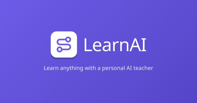 A purple gradient banner for LearnAI displaying the tagline 'Learn anything with a personal AI teacher' alongside a stylized circuit icon logo.