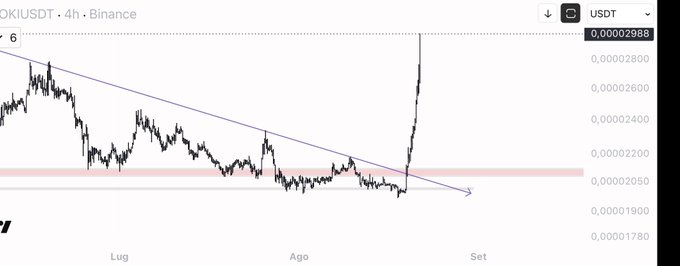 A 4-hour Binance chart of FLOKI/USDT shows a sharp price spike breaking above a descending trendline and a horizontal resistance zone around 0.00002050, with price reaching approximately 0.0000298 — visualizing the pump that turned the author's bearish bottom call into a loss.