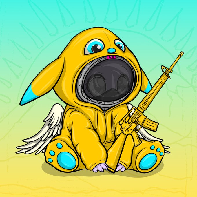 A digital illustration of a cute yellow creature wearing a space helmet and holding a yellow rifle, with white wings and turquoise accents on a gradient green-yellow background.