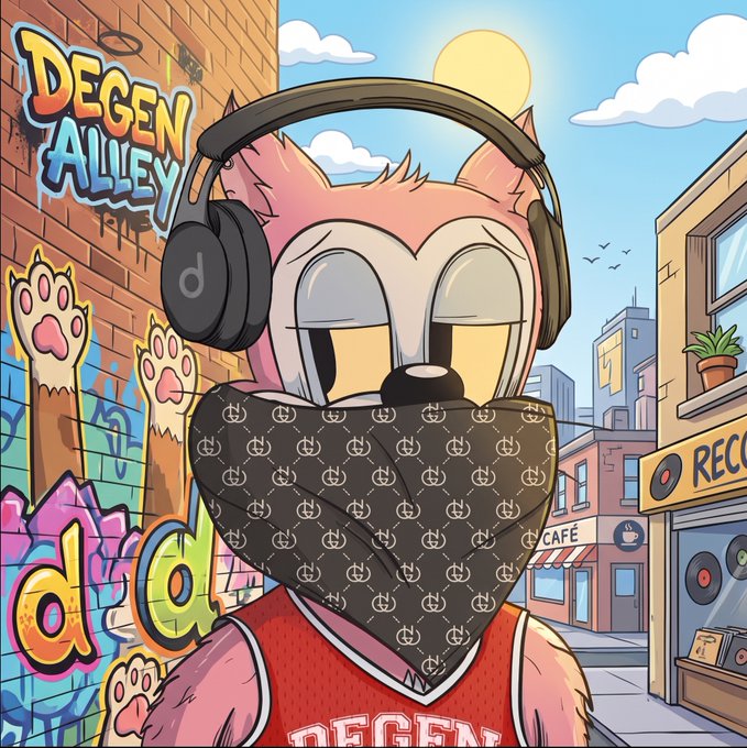A cartoon-style illustration features an anthropomorphic animal character with large eyes, wearing headphones, a 'DEGEN' jersey, and a patterned bandana over its lower face, set against a colorful street backdrop with graffiti reading 'DEGEN ALLEY' and a 'CAFE' storefront.