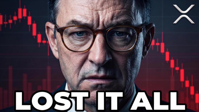 A stern-looking man with glasses appears against a backdrop of a red downward-trending stock chart, with bold text "LOST IT ALL" overlaid at the bottom and the XRP logo in the top right corner. The image ties to the post about a Clarity Act XRP prediction, suggesting dramatic market consequences related to the cryptocurrency.