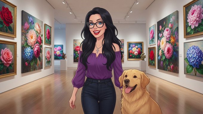 An animated illustration of a smiling Asian woman with glasses, long black hair, and a purple off-shoulder top standing in an art gallery surrounded by floral paintings, accompanied by a golden retriever.