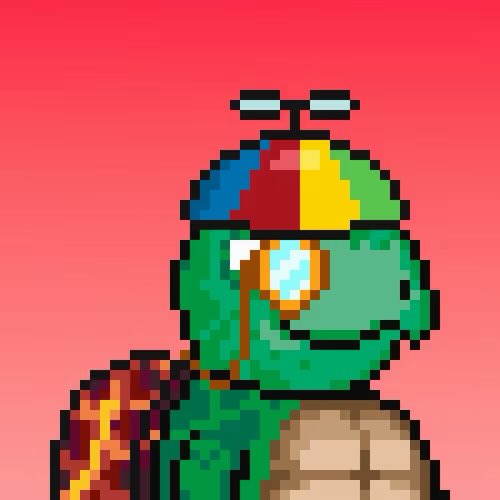 Pixel art of a green turtle character wearing a multicolored propeller beanie cap, a monocle, and carrying a shell, set against a pink gradient background.