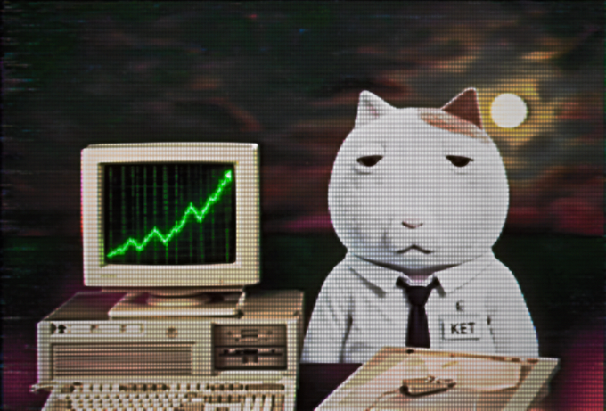A meme image of a white cat wearing a white shirt and black tie, sitting at a desk with an old computer displaying a green upward trending line graph, set against a dark sunset background.