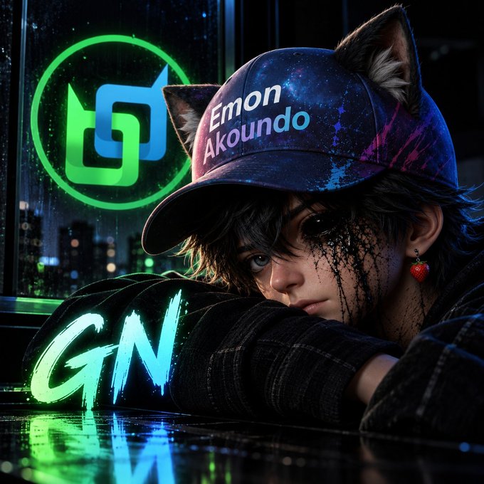 An anime-style illustration of a character with cat ears wearing a cap with "Emon Akoundo" text, surrounded by green neon lighting and the letters "GN".