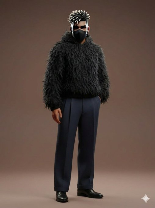 A male figure with spiky white hair and a black face mask wears an oversized shaggy black fur jacket and dark grey trousers, standing against a brown background.