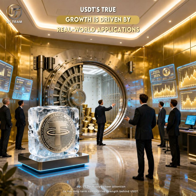 The image depicts a luxurious golden vault with a massive bank vault door, where several men in suits stand near digital screens displaying financial charts and "203% / 103%" growth metrics. In the foreground, a large block of ice encases a Tether (USDT) coin emblem on a pedestal, with the headline "USDT'S TRUE GROWTH IS DRIVEN BY REAL-WORLD APPLICATIONS" and footer text emphasizing LT Team's focus on USDT's long-term competitive strength.