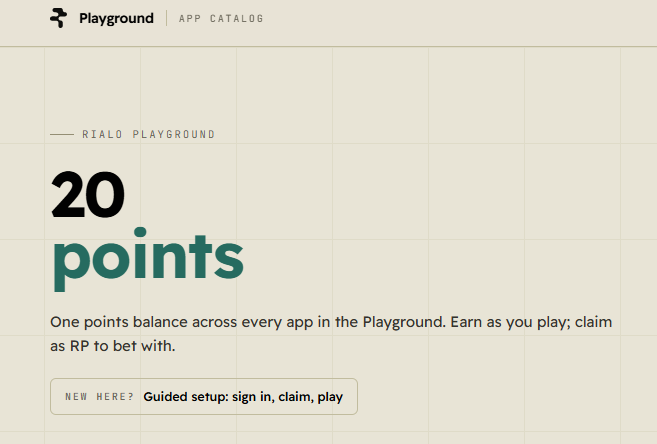 The image shows a webpage from Rialo Playground highlighting a "20 points" feature, described as a unified points balance across all apps in the Playground where users can earn by playing. This directly illustrates the post's claim about receiving 20 points instantly upon signing in to the Rialo testnet via Google login.