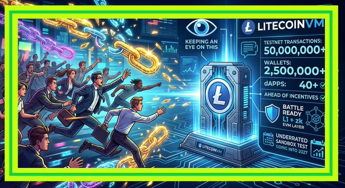 The image features a group of people running after a chain that leads to a large block of information about LitecoinVM. The chain appears to be made up of small, shiny pieces of paper or cards with various numbers and text printed on them. The people are seen chasing this chain in an attempt to gain access to the valuable information it contains. The post also includes some numbers and text that seem to be related to the content of the image.