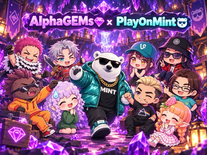 A vibrant chibi-style promotional illustration for the AlphaGEMs x PlayOnMint collaboration, featuring a central bear mascot wearing sunglasses and a "MINT" jacket surrounded by a colorful cast of cartoon characters within a purple crystal-filled cave. The banner displays the partnership branding "AlphaGEMs 💎 x PlayOnMint 🐻," visually representing the onchain gaming ecosystem and the MintABear NFT collection highlighted in the announcement.