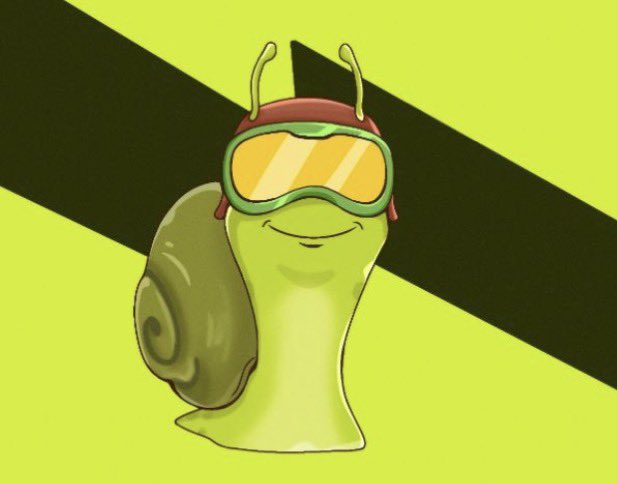 A cartoon illustration of a smiling snail wearing ski goggles and a red headband on a bright green background with black diagonal stripes.