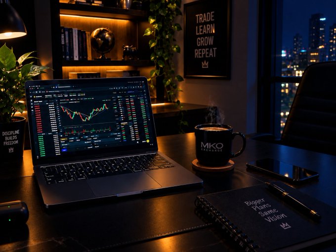 A laptop displaying financial trading charts sits on a dark desk next to a mug labeled 'MKO EXCHANGE' and a notebook titled 'Bigger Plans Same Vision,' with a 'TRADE LEARN GROW REPEAT' sign on the shelf behind it.