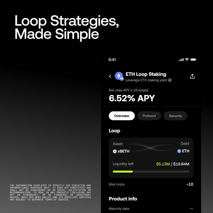 A dark-themed mobile app screenshot titled 'Loop Strategies, Made Simple' showing 'ETH Loop Staking' with an estimated max APY of 6.52% and a disclaimer at the bottom stating the information is for educational purposes only.