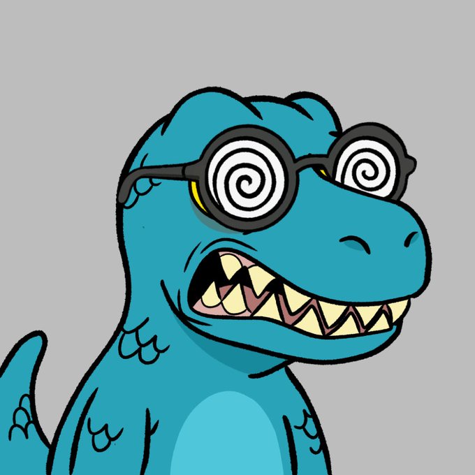 A cartoon illustration of a blue dinosaur-like creature wearing black-rimmed glasses with hypnotic spiral patterns over the lenses, grinning to show sharp teeth.