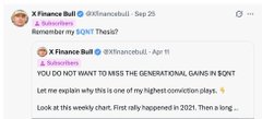 A Twitter post from X Finance Bull (@BullXwallstreet) dated September 26 features a screenshot of a Q1 2021 tweet referencing "SQX Thessis," with a reply asking readers to name another past top performer besides $SQX. The accompanying post celebrates massive gains on $ZEC and $QNT calls, with $ZEC reportedly surging ~3,480% from $47 to $1,683.