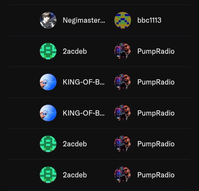 A dark app interface displays a list of user pairs including 'Negimaster...' vs 'bbc1113' and multiple matches pairing users like '2acdeb', 'KING-OF-B...', and 'PumpRadio' in trading-style rows.