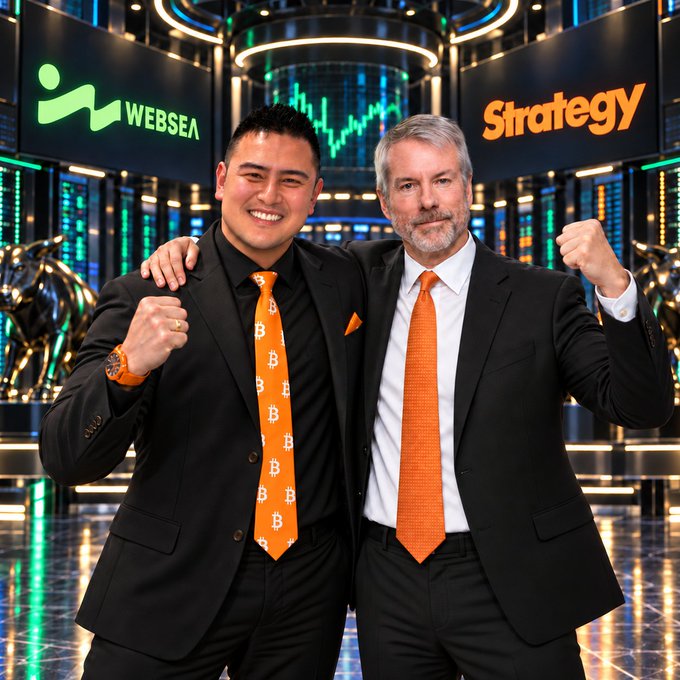 Two smiling men in dark suits and orange ties—one sporting a Bitcoin-patterned tie—pose triumphantly with raised fists in a high-tech trading arena displaying "WEBSEA" and "Strategy" logos, visually promoting the Websea platform's MSTR futures trading partnership with Strategy (formerly MicroStrategy) and its chairman Michael Saylor.