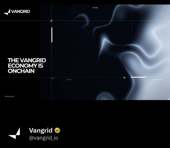A Vangrid promotional graphic with flowing blue liquid imagery, text 'THE VANGRID ECONOMY IS ONCHAIN', 'PARTICIPATE, EARN', and the Twitter handle '@vangrid_io'.