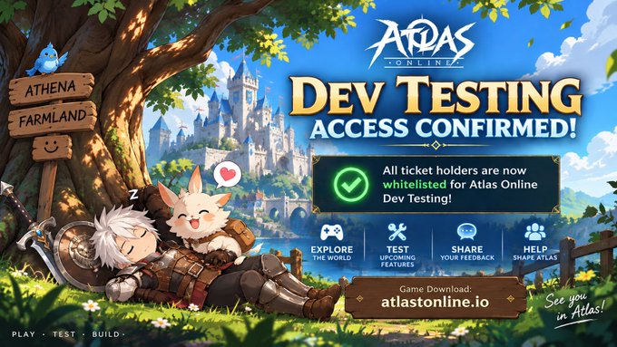 A promotional banner for the video game 'Atlas Online' announcing 'DEV TESTING ACCESS CONFIRMED!' for whitelisted ticket holders, featuring cartoon characters resting under a tree with game icons for exploring, testing, sharing, and help.