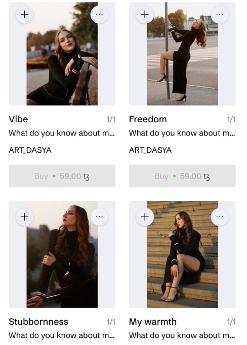 A mobile marketplace listing displaying four photos titled 'Vibe', 'Freedom', 'Stubbornness', and 'My warmth' by seller ART_DASYA, each priced at 59.00 currency units.